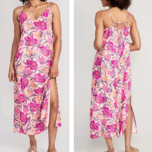Old Navy Dresses & Skirts - Old Navy Pink Orange Purple Floral Print V Neck Tie Back Slip Dress Midi